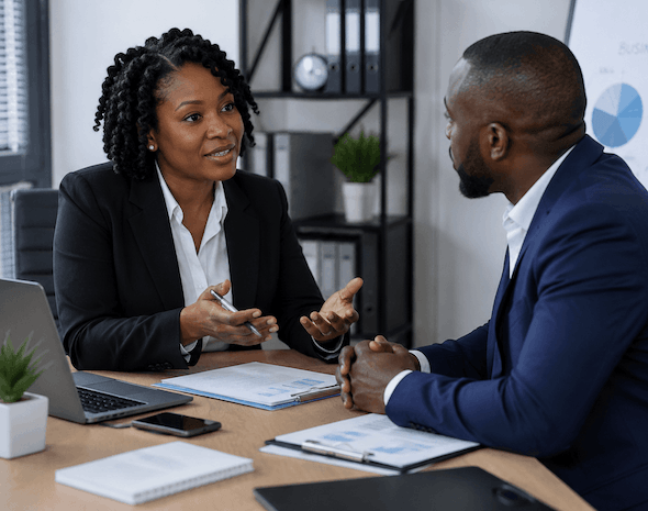 two African corporate workers discussing safeguarding policies